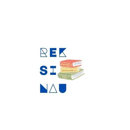 Logo Reksinau — huruf REK SI NAU tersusun di samping tumpukan buku